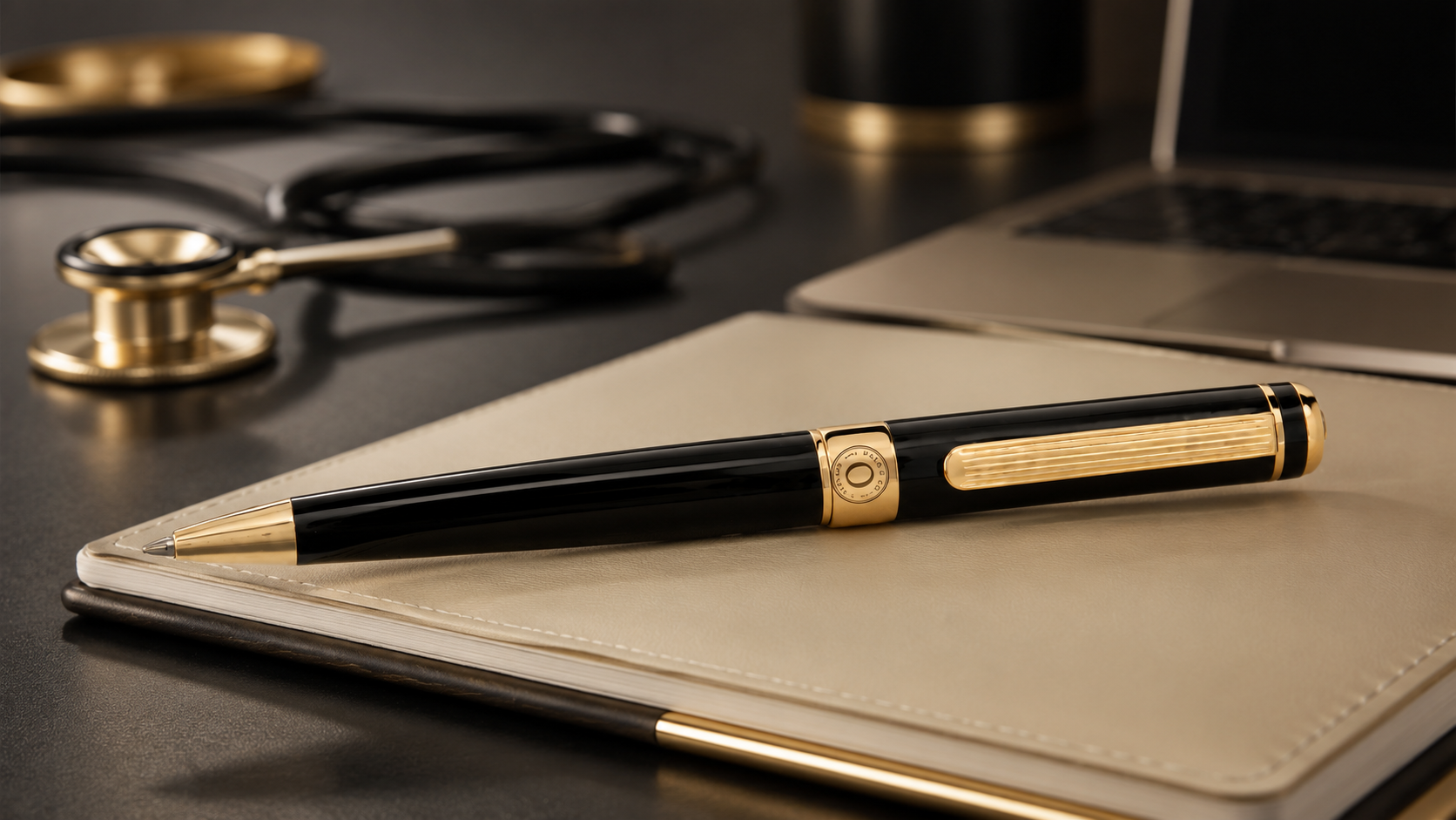 The Oath Pen resting on a leather portfolio
